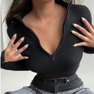 Princess Polly - Cropped Ribbed Black quarter zip up sweater top
